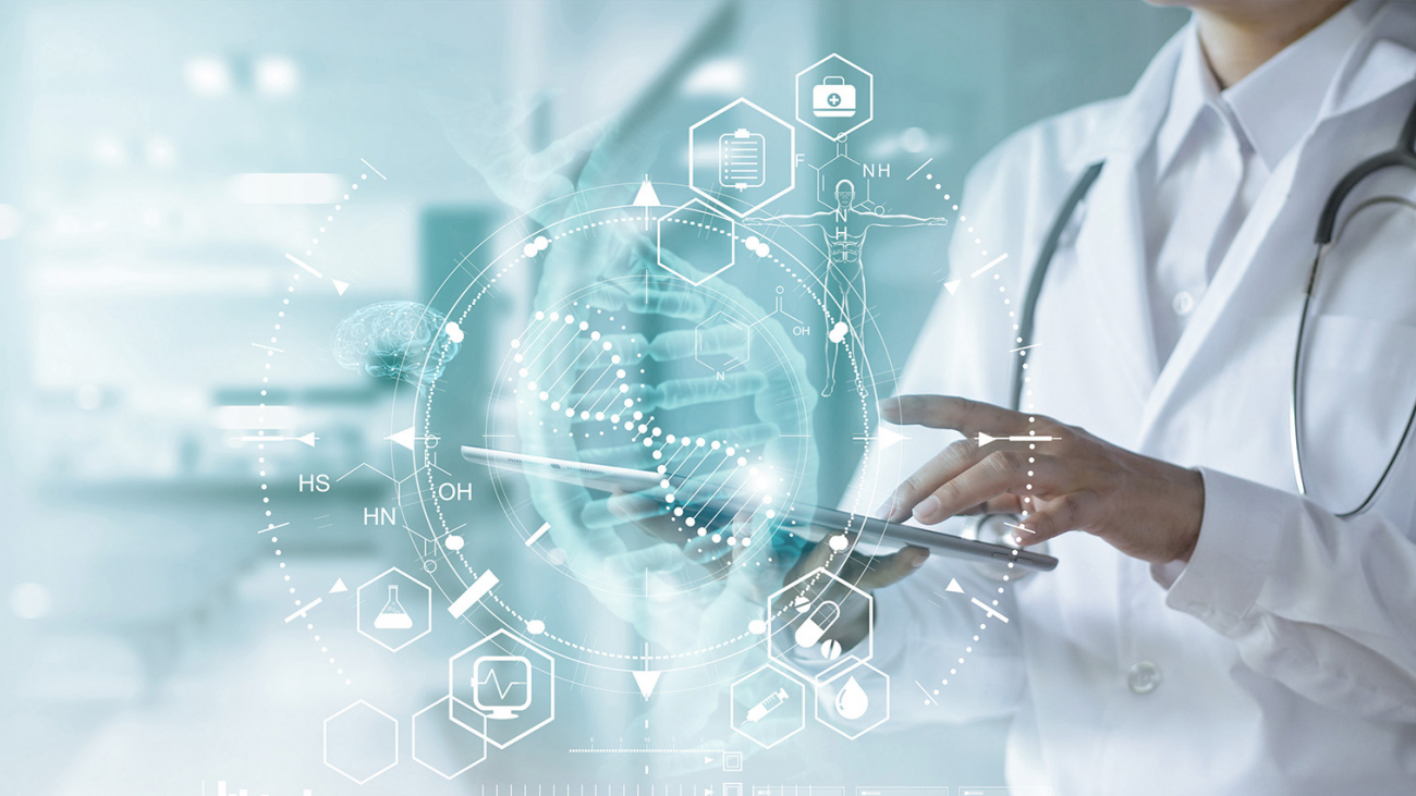 Medicine doctor touching electronic medical record on tablet. DNA. Digital healthcare and network connection on hologram modern virtual screen interface, medical technology and futuristic concept.
