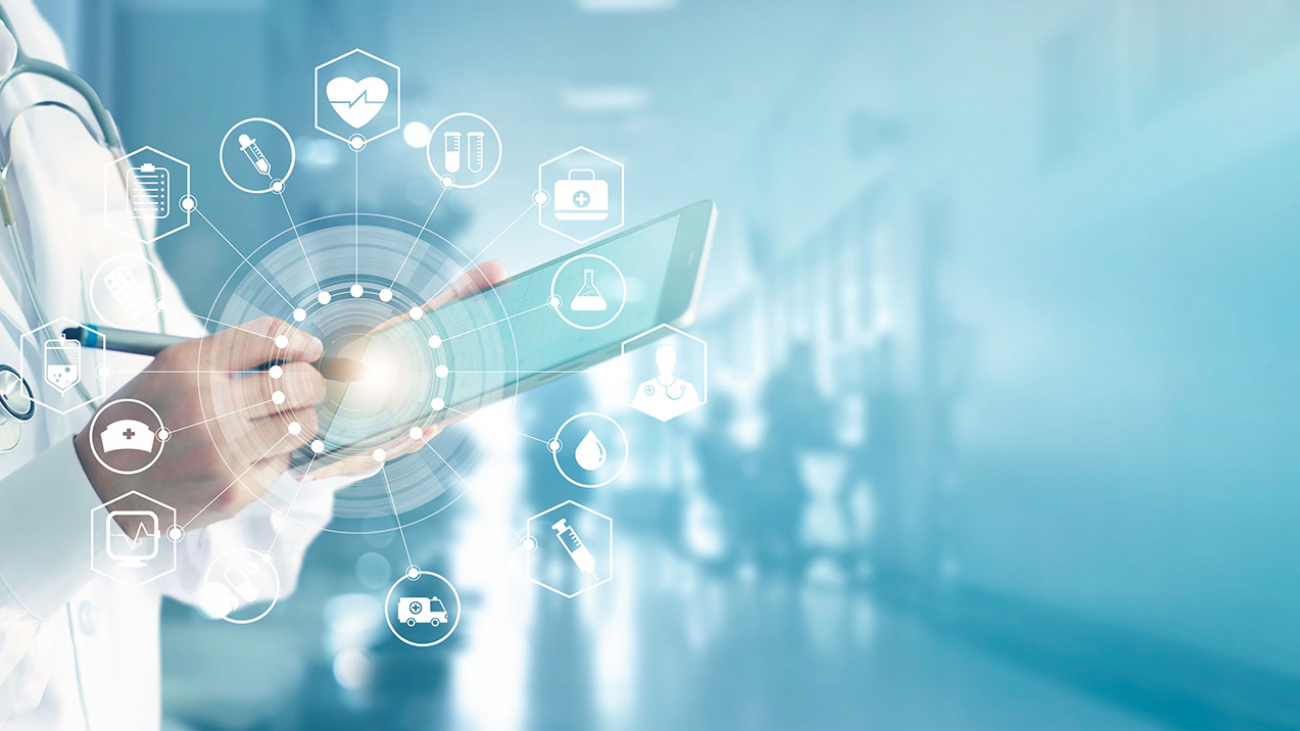 Medicine doctor and stethoscope touching icon medical network connection with modern interface on digital tablet in hospital background. Medical technology network concept