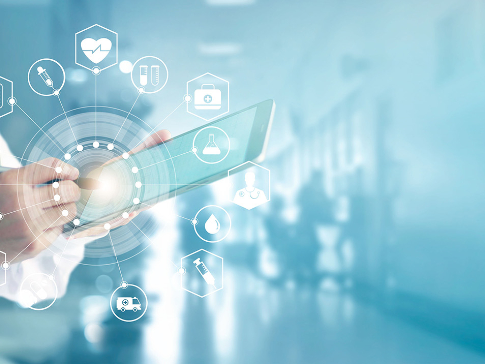 Medicine doctor and stethoscope touching icon medical network connection with modern interface on digital tablet in hospital background. Medical technology network concept