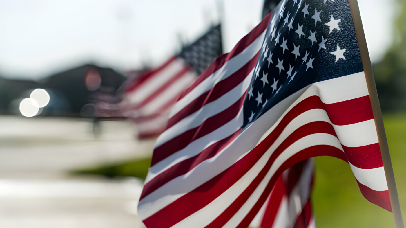 Looking into the light , American Flags all in a Row waving in the wind perfect wave