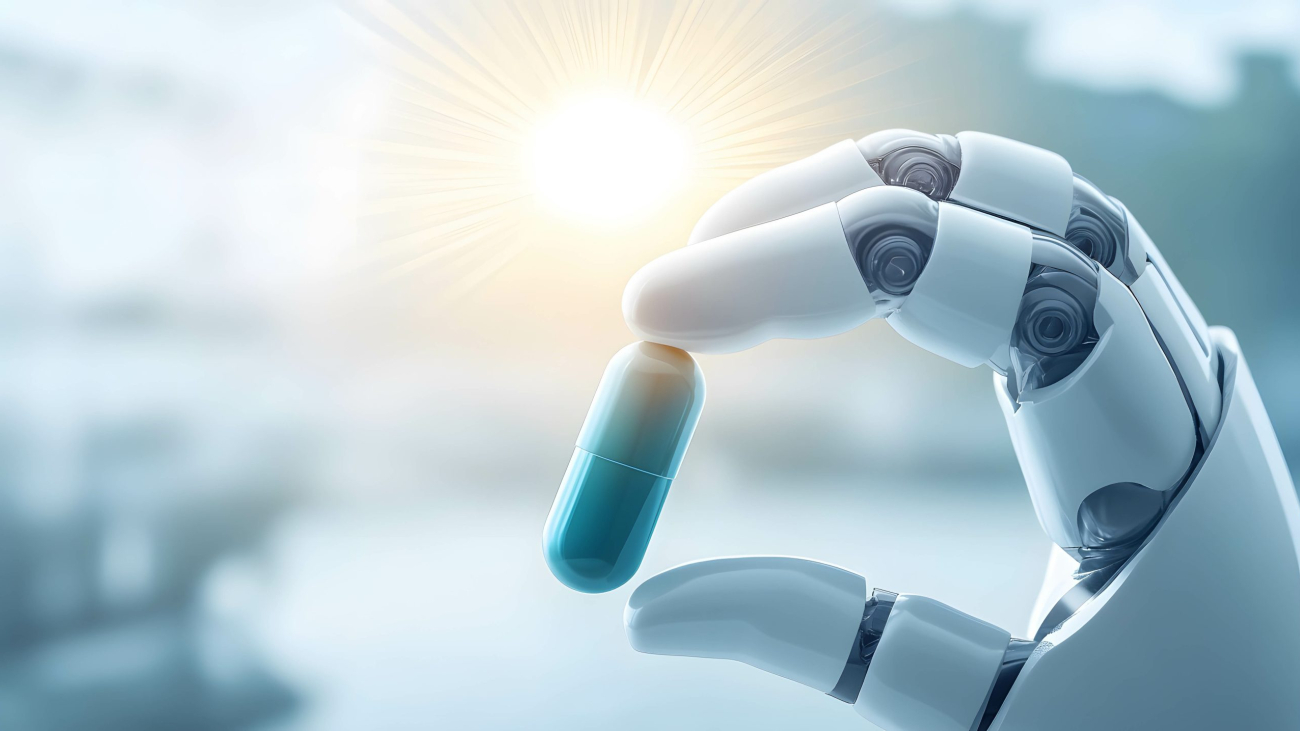 Using technology and AI to help in medicine and healthcare concept. A pill capsule with a robotic hand touching.